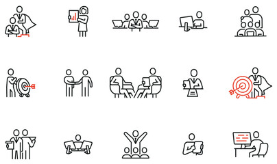 Vector set of linear icons related to human resource management, relationship, business leadership, teamwork, cooperation and personal development. Infographics design elements - part 8