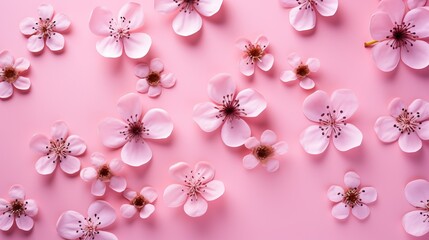 Fototapeta na wymiar Beautiful blossoming branches on color background, top view, cherry blossom wallpaper, pink flowers, decorative cherry blossom, beautiful cherry blossom, flower pattern, sakura