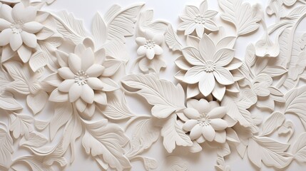 Beautiful white paper carvings on white wall background, decorative floral design, flowers pattern, texture, white floral carving design