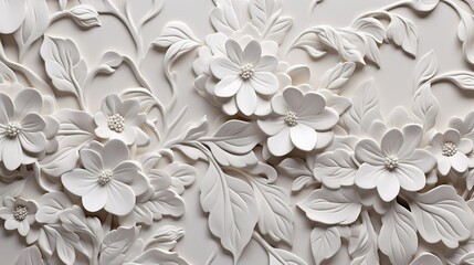 Paper flowers carved on the wall of the house, White background, floral wallpaper, texture, pattern design, white flowers 3d carved design - obrazy, fototapety, plakaty