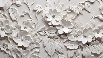 Fotobehang Paper flowers carved on the wall of the house, White background, floral wallpaper, texture, pattern design, white flowers 3d carved design © Jahan Mirovi