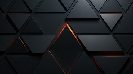 Abstract black background with orange glowing triangles, 3d render illustration, dark carbon...