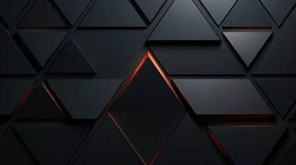 Fototapeten Abstract black background with orange glowing triangles, 3d render illustration, dark carbon design, triangle pattern, metallic graphics © Jahan Mirovi