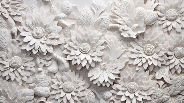 Fototapeta Pattern of white paper flowers on white background, Close-up, white flowers paper cut out, wallpaper, texture, white pattern, floral design, art and craft