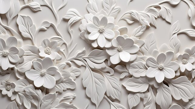 Fototapeta Paper flowers carved on the wall of the house, White background, floral wallpaper, texture, pattern design, white flowers 3d carved design