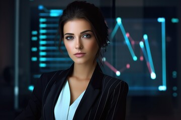 Beautiful business woman in a strict business suit against the background of financial charts and graphs. Economic chart, analysis of global economic trends.
