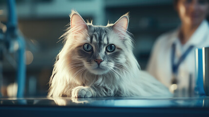 fluffy cute domestic cat at a veterinarian's appointment, animal clinic, pet, veterinary medicine, health, treatment, therapist, feline, kitten, care, office, room, professional