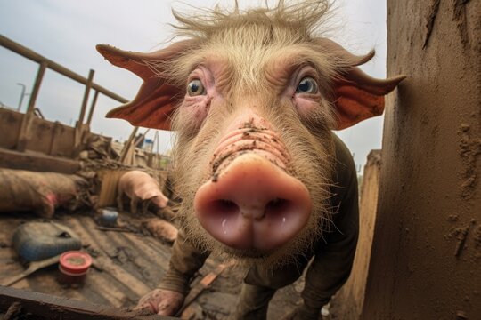 Playful Piglet Leaving the Mud for a Selfie on the Farm