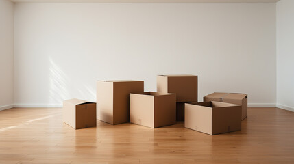Cardboard boxes on a wooden floor in empty apartment. Concept of moving, packing and unpacking. Copy space.