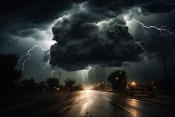 Foto op Canvas Dramatic Urban Weather Phenomenon: Lightning, Wind, and Flooding Caused by a Severe Storm and Thunderstorm © ChaoticMind