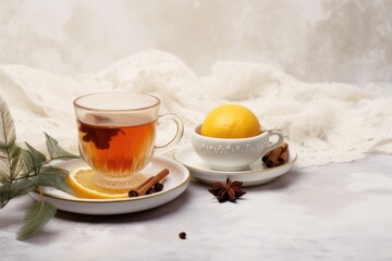 Obraz na płótnie Canvas Warming winter drinks and winter teas on a light background. Health and nutrition concept