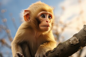 An Adorable Baby Monkey in the Wild: A Closeup Portrait of a Cute Young Primate with Yellow Fur Sitting in the Jungle.