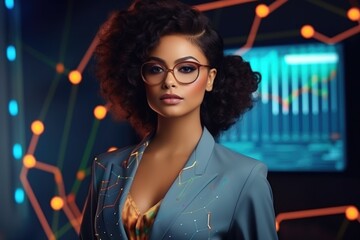 Beautiful business woman in a strict business suit against the background of financial charts and graphs. Economic chart, analysis of global economic trends.