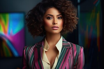 Beautiful business woman in a strict business suit against the background of financial charts and graphs. Economic chart, analysis of global economic trends.