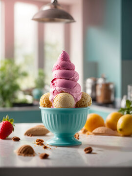 tazón con bolas de helado de distintos sabores y toppings, hecho en casa
