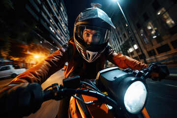 Fototapeta na wymiar A motorcyclist embarks on a thrilling journey at night, embracing the freedom of the open road. Clad in leather and donning a helmet, this biker embodies the spirit of adventure.
