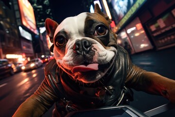 Fototapeta na wymiar Nocturnal Urban Adventure: Dog Riding a Motorcycle through the City at Night