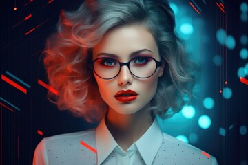 Beautiful business woman in a strict business suit against the background of financial charts and graphs. Economic chart, analysis of global economic trends.