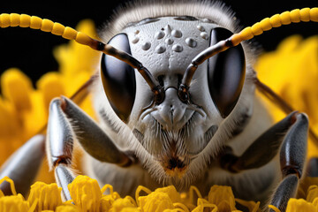 A close-up of a bee exploring the intricate center of a radiant daisy, showcasing the bee's fuzzy body and the delicate structure of the flower