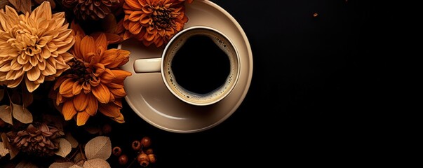 Creative layout made of orange and red flowers, leaves and coffee cup on dark background. Flowers composition. Hot drinks, seasonal offer concept. Flat lay, top view with copy space
