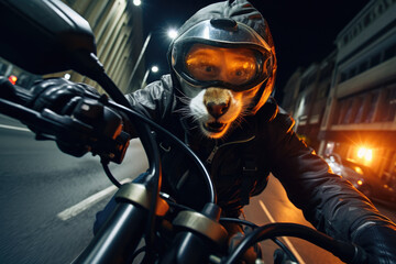 Nocturnal Urban Adventure: Dog Riding a Motorcycle through the City at Night