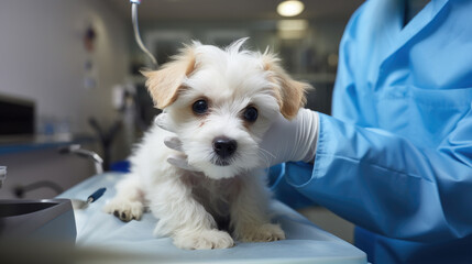 cute dog on the table at a veterinarian's appointment in a veterinary office, animal clinic, puppy, pet, treatment, doctor, canine, disease, medicine, hospital, wool, portrait, eyes, ill, room, funny