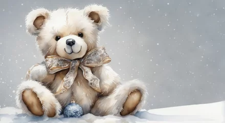 Fotobehang Watercolor teddy bear sitting. Christmas background. Cute christmas illustration for greeting cards. Place for text. © Viktoriia