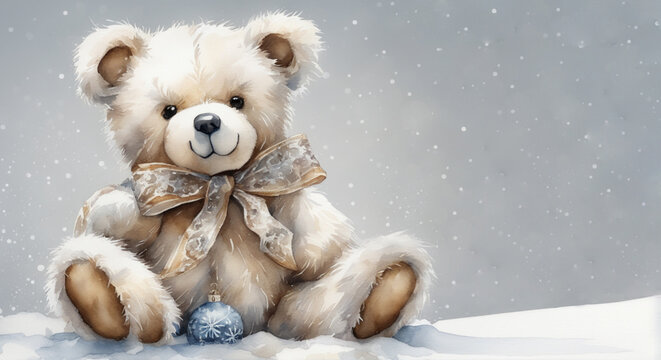 Watercolor teddy bear sitting. Christmas background. Cute christmas illustration for greeting cards. Place for text.