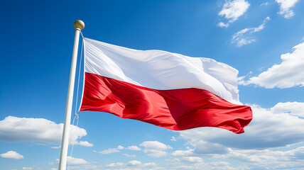 Poland flag waving in the wind against blue sky with white clouds. Generative AI technology.