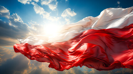 Poland flag waving in the wind against blue sky with white clouds. Generative AI technology.