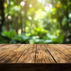 Empty wood table top and blurred green tree in the park garden background - can used for display or montage your products.