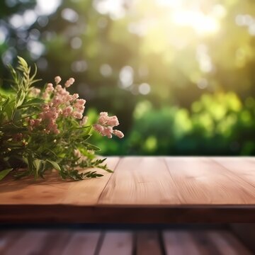 Empty wood table top and blurred sakura flower tree in garden background, for display or montage your products.