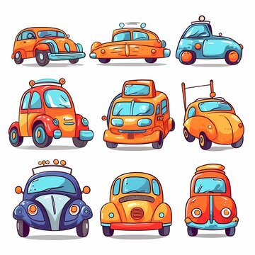 Cute collection colorful cars isolated on a white background. Icons in hand drawn style for design of children's rooms, clothing, textiles. Vector illustration