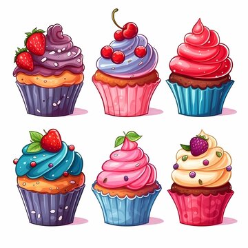 Cartoon cupcake set. Colorful cupcakes cartoons.