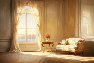 Beautiful living room in a classic style. Furniture, bright light in the window sun