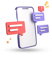 3d rendering of spartphone and speech bubble, 3D pastel chat with symbol, icon set.