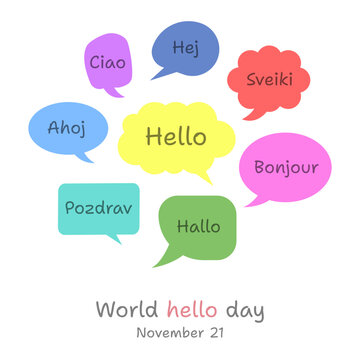 Social media speech bubble.Vector illustration with the word "Hello" in speech bubbles in different world languages.World Hello Day.