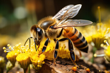 A bee gathering pollen from a vibrant yellow dandelion, capturing the bee's purposeful movement and the flower's sunny disposition
