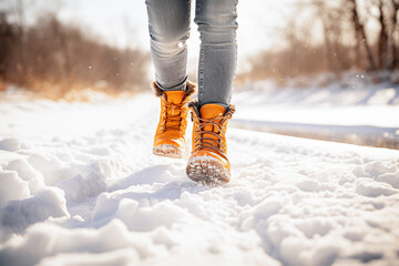 Close-up of a woman's legs in sports shoes on the snow. Selective focus