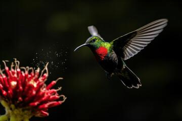 A close-up of a vibrant hummingbird hovering near a flower, capturing the beauty and agility of this tiny creature in high-definition 8k brilliance
