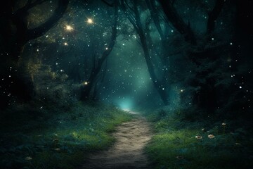 Mysterious enchanted forest trail under moonlit sky with eerie trees, glowing fireflies, and a touch of enchantment. Generative AI