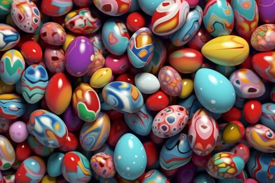 Top view of brightly colored Easter eggs. Created using computer-generated images to give a 3D illustration. Generative AI