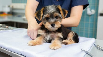 cute dog on the table at a veterinarian's appointment in a veterinary office, animal clinic, puppy, pet, treatment, doctor, canine, disease, medicine, hospital, wool, portrait, eyes, ill, room, funny