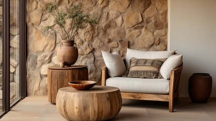 Fototapeta na wymiar mediterranean living room with rustic wooden chair