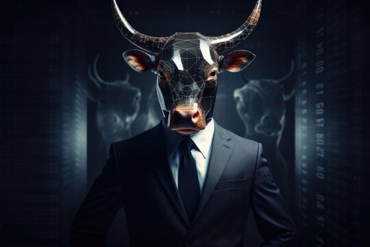 photo of a bull in a stylish formal business suit against the background of analyzing financial charts on a virtual screen