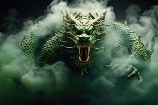 Green dragon in the smoke on black background, fictional frightening character, symbol of the chinese new year 2024