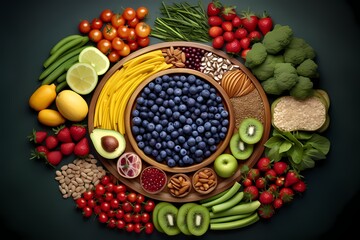 Naklejka na ściany i meble Healthy food clean eating selection: fruit, vegetable, seeds, superfood, cereal, leaf vegetable on gray concrete background