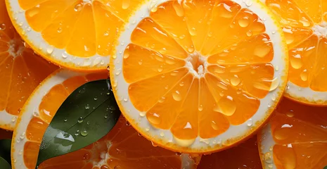 Foto op Plexiglas Realistic orange texture. Orange circles close up, tropical pattern, fruit banner - AI generated image © BEMPhoto