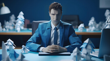 Origami Worker Seated in a Blue Monday Office