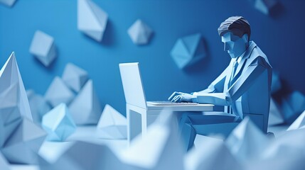 Origami Worker Seated in a Blue Monday Office - Powered by Adobe